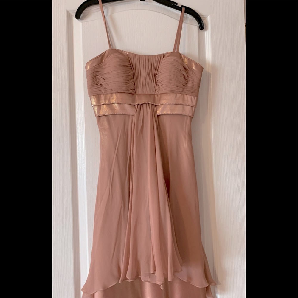 Spaghetti straps , soft pink satin and sheer cocktail dress